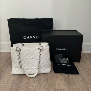 Chanel White Caviar Quilted GST Grand Shopping Tote